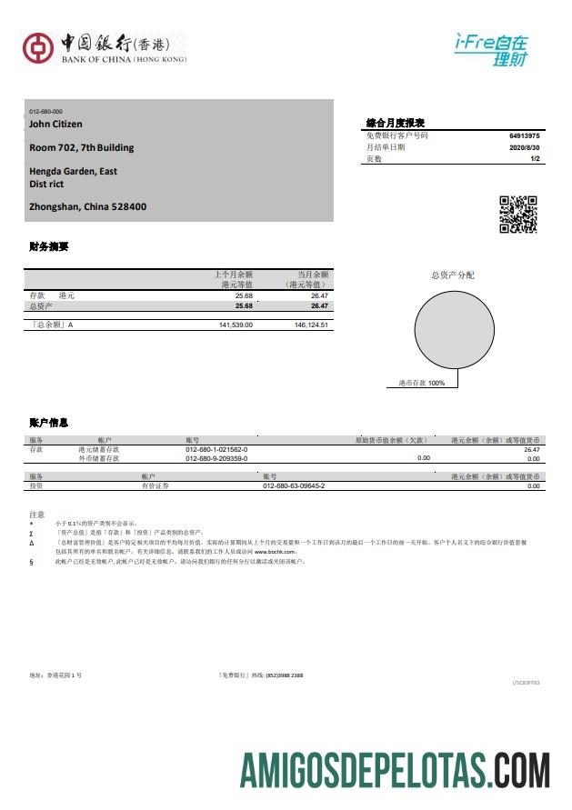 Amostra do Banco da China de Hong Kong (Hong Kong)